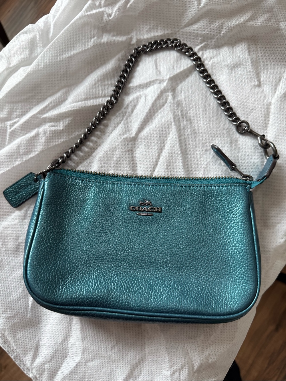 Coach Metallic Teal Leather Wristlet with Gunmetal Chain